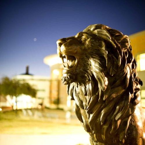 lion statue on campus.