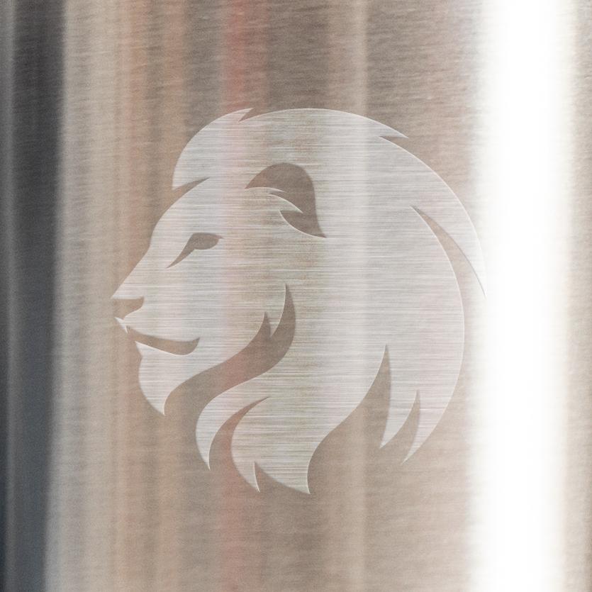 在金属表面狮子头标志的虚拟例子.