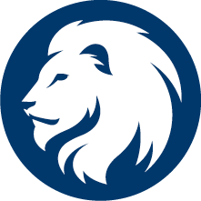 蓝色背景的白色狮子头标志.
